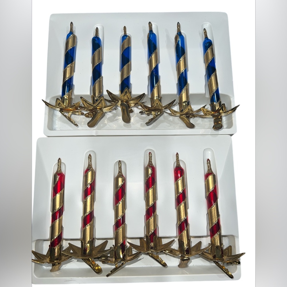 Vtg Murano Blown Glass Clip-On Candlesticks Christmas Ornaments Red Blue 12